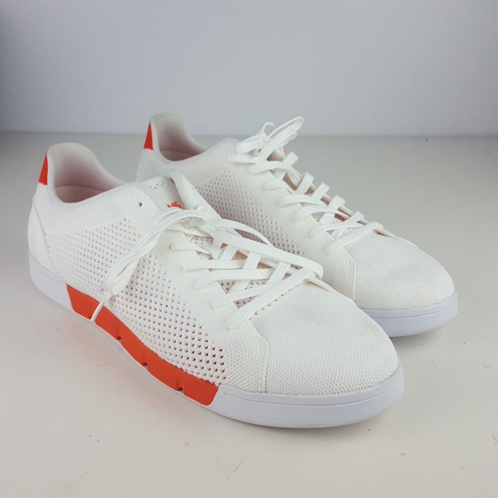 SWIMS BREEZE TENNIS KNIT SNEAKERS IN WHITE/ORANGE,